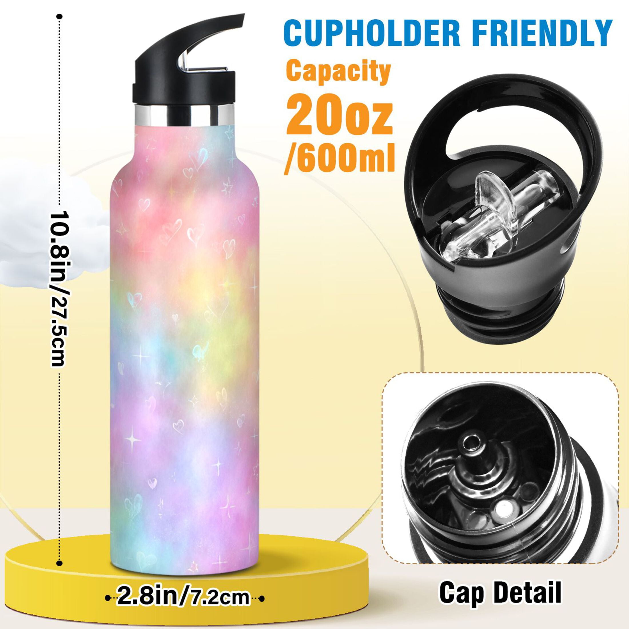 Kids Insulated Stainless Steel Sports Water Bottle 600ml (20oz) Pastel Rainbow Tie-dye