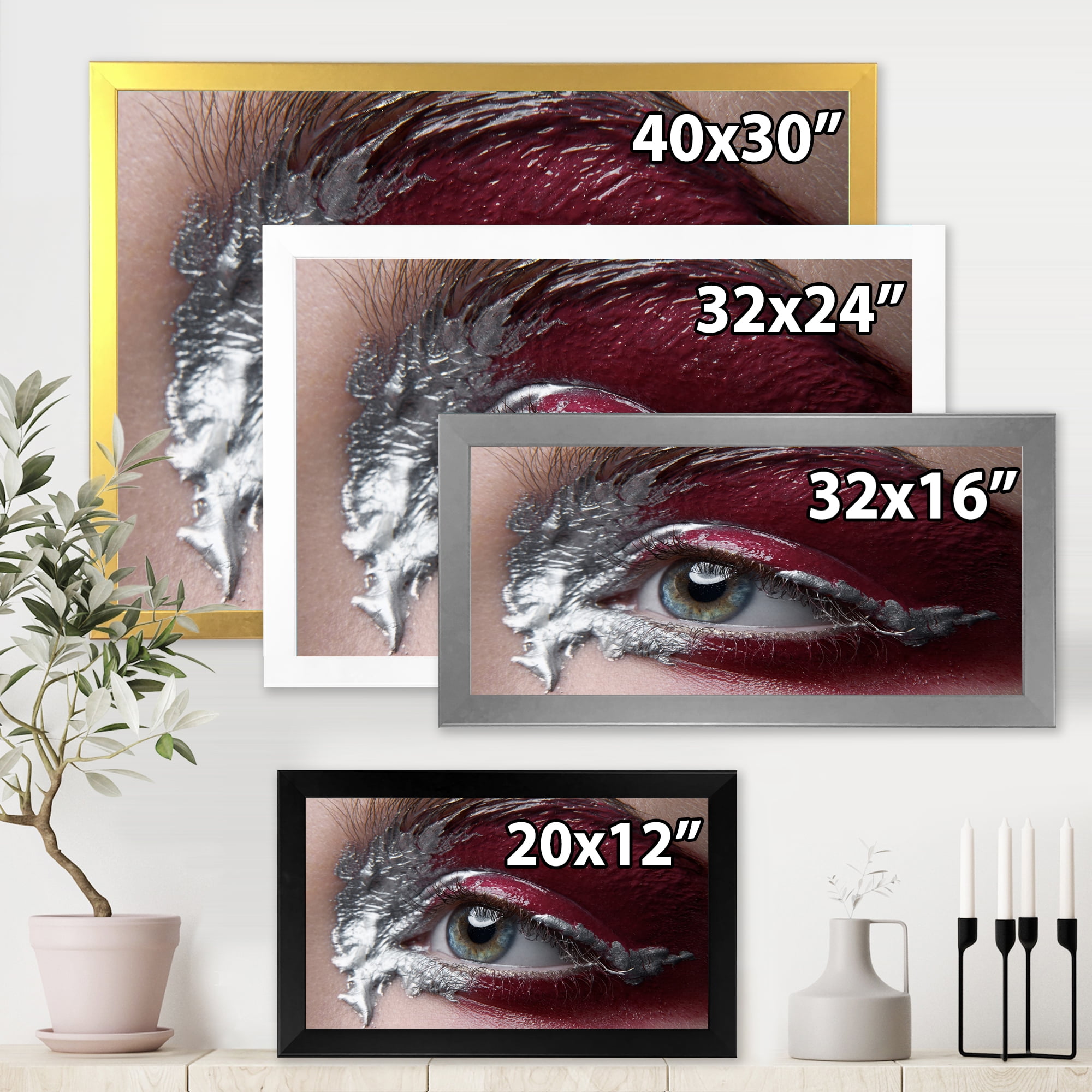 Designart 'Close Up of A Woman Eye With Red Makeup On' Modern Framed Art Print