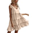 thumbnail image 4 of Txlixc, vestido informal de verano para mujer, vestido acampanado de Color sólido sin mangas con cuello en V y volantes, vestido plisado para fiesta en la playa, ropa de calle Txlixc  Estilo de ocio, 4 of 8