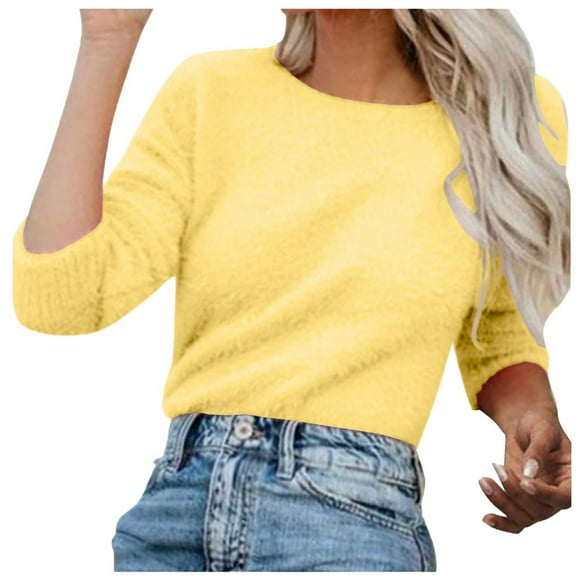 HCURIBAD Soft Sweaters for Women Clearance! Fuzzy Sweater for Women Cowl Neck Long Sleeve Sweaters Women's Fashionable Loose Fuzzy Jumper Sweater Pullovers, Mohair Sweater for Women Yellow M