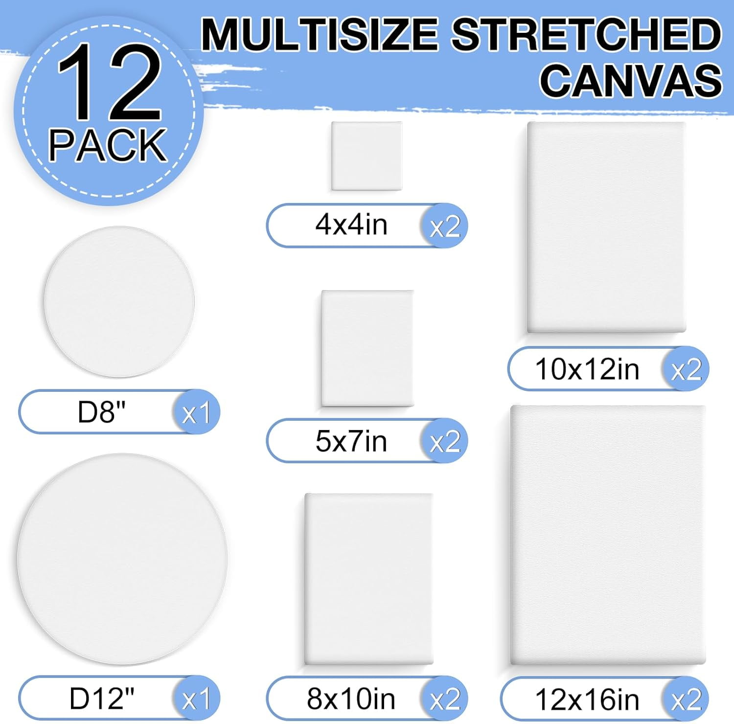 12 Pack Stretched Canvas for Painting, 4x4, 5x7, 8x10, 10x12, 12x16(2 of Each), Round Canvas with 8x8, 12x12(1 of Each), Blank Canvases Primed Paint Canvas for Beginners, Artists