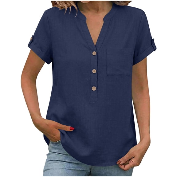 Yievot Linen Shirts for Women V Neck Button Short Sleeve Office Work Tops Casual Vacation Tees Shirt Blouse