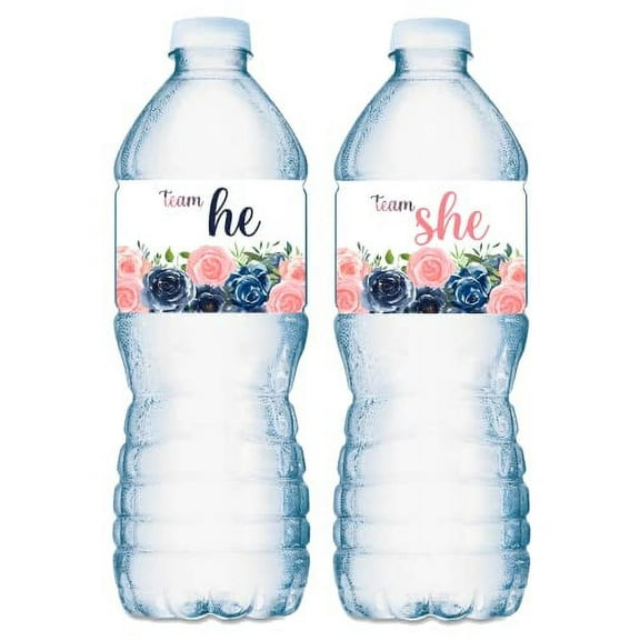 20 Team He Team She Navy and Blush Gender Reveal Party Water Bottle Labels; Baby Shower or Sprinkle Event Waterproof Glossy Water Bottle Wrappers; Stickers Labels Tabletop Decorations.