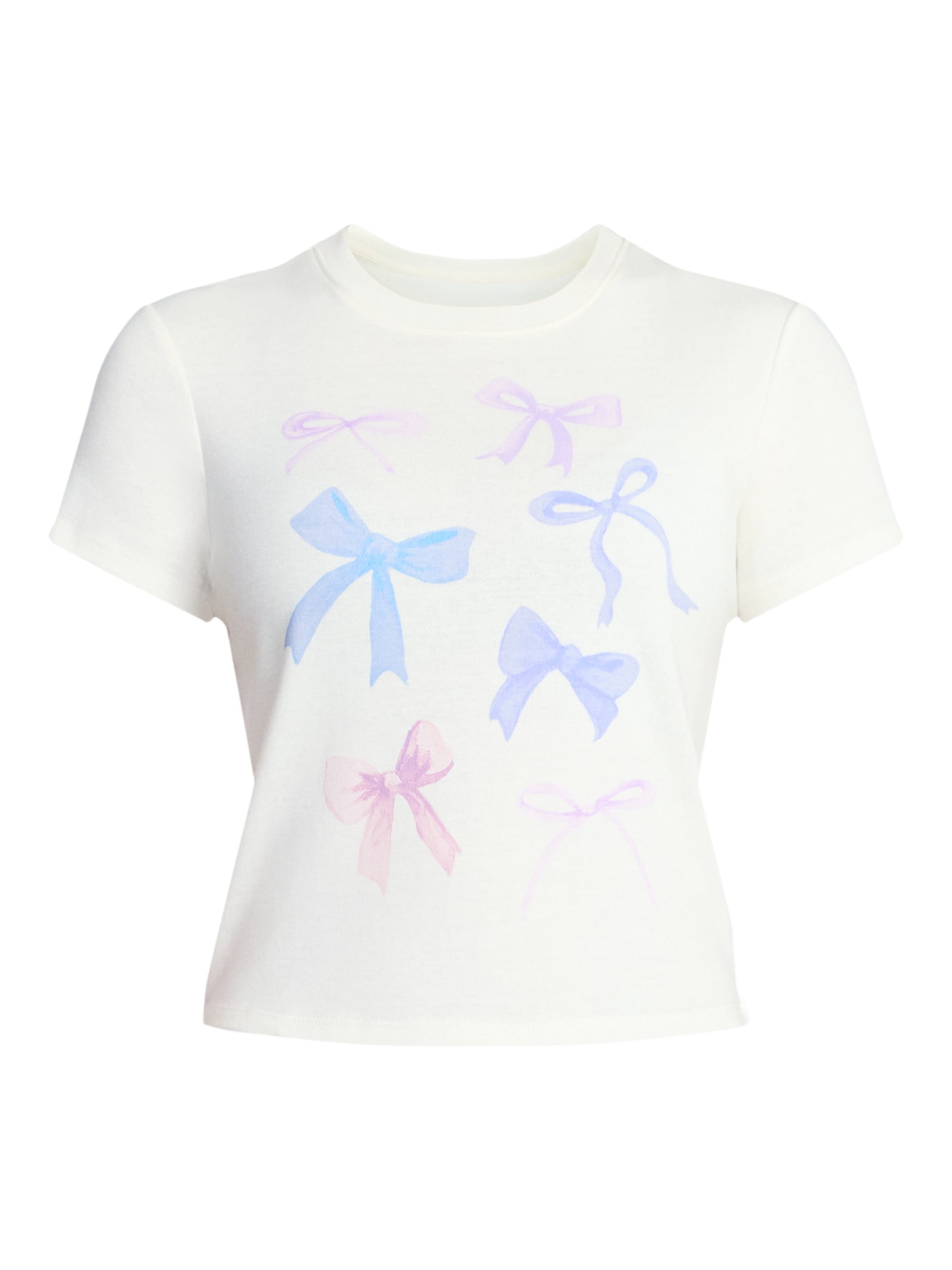 Bow Grid Watercolor Women's Graphic Cropped Baby Tee with Short Sleeves, Sizes XXS-XXL