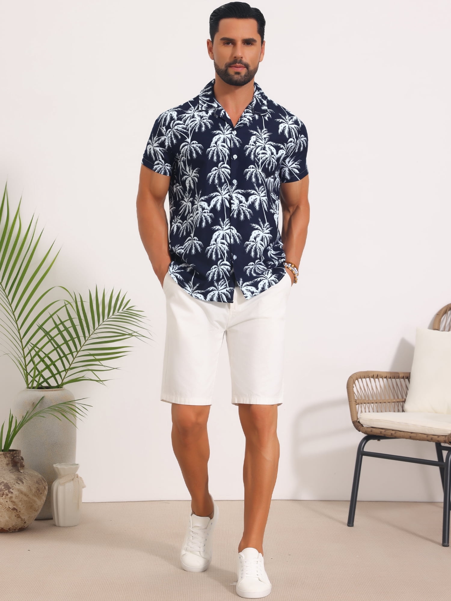 DARING DIVA Men's Short Sleeve Button Down Camp Collar Leaf Print Shirts M Navy Blue