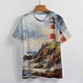 thumbnail image 3 of Lighthouse Sunrise Coast Scenery Pale Blue Tan Womens Tops Women's Fashion Casual Short Sleeve Flower Print Round Neck Pullover Top Blouse, 3 of 6