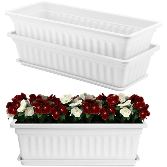 Plastic Window Box Planter,Bexikou 3 Pack Window Flower Box,Plastic Vegetable Planters,Flower Box Planter Garden Pots with Attached Tray for Windowsill, Patio, Garden, Home Décor, Porch