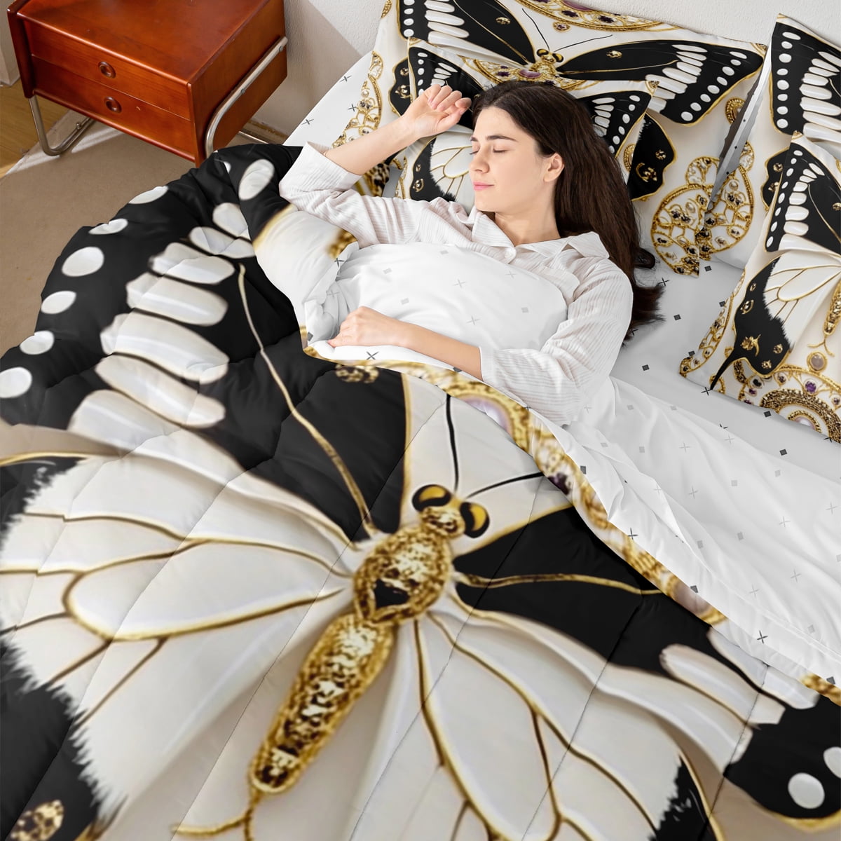 Homewish Black White Butterfly Girl 7-Piece Bedding Comforter Set,Exotic Style King Bedding Sets,Dreamy Princess Ultra Soft Bed Sheets,Luxury Bedroom Decor,Reversible