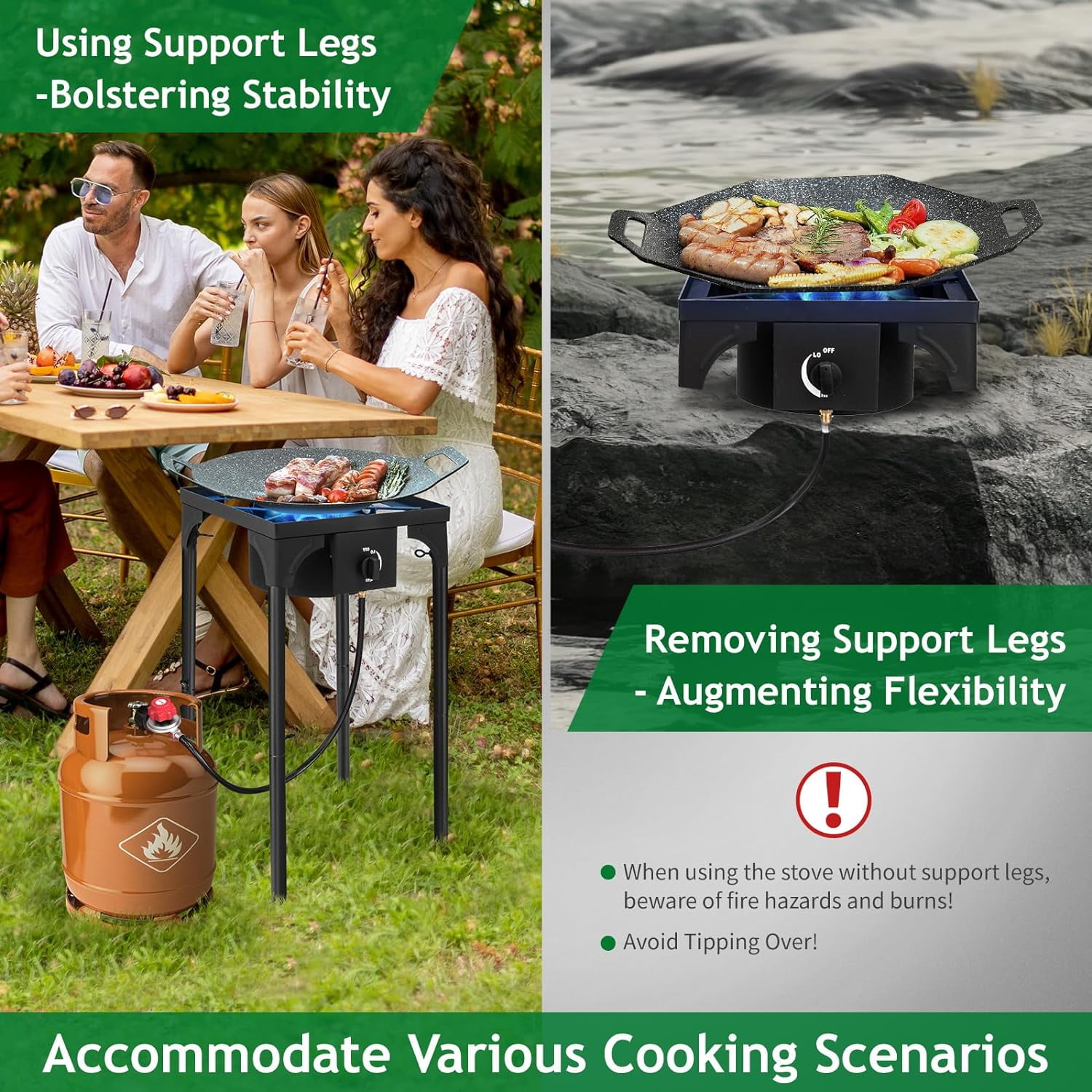 1 Burner Propane Gas Stove for Outdoor Cooking, 75,000 BTU Camping Cooker with Removable Legs, Temperature Control Knobs for Backyard Cooking, BBQ, Baking and Frying(Single Burner)