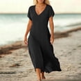 thumbnail image 2 of Unir Women's Summer Maxi Dress, Solid Color Eyelet Short Sleeve V-Neck Casual Dress for Daily & Travel, 1PC, S-XXL, 2 of 4