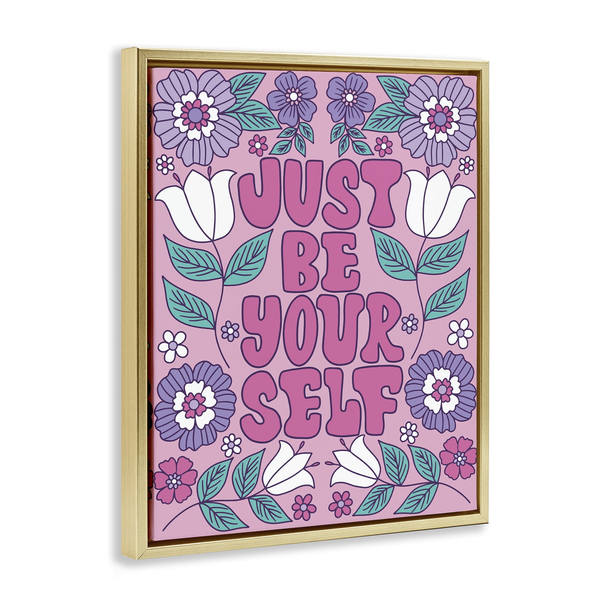 Stupell Industries Retro Floral Be Yourself Plants & Flowers Painting Gold Floater Framed Canvas Art Print Wall Art, 17 x 21