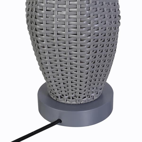 Ceybo 28" Outdoor/Indoor Table Lamp Gray Rattan Modern Boho Waterproof Lighting with White Drum Shade