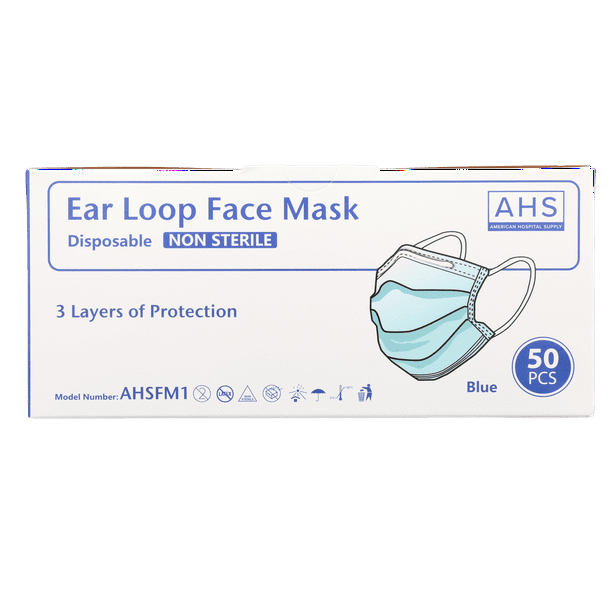 AHS American Hospital Supply Earloop Disposable Face Mask Box of 50
