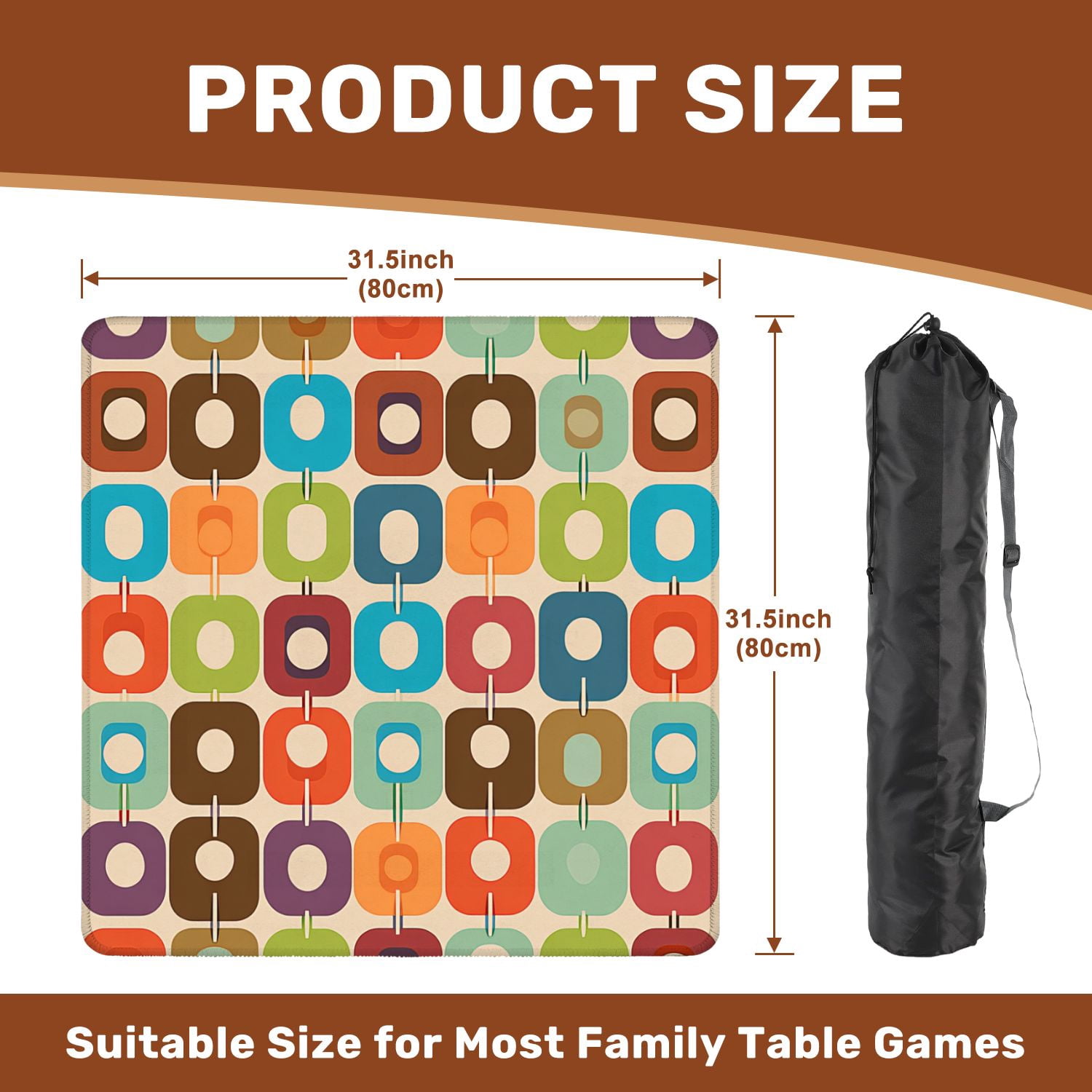 Mahjong Mat 31.5" x 31.5" mid century style seamless Non-Slip Noise Reduction American Mahjong Tiles Table Cover for Dominoes Poker Card Board Games Gift