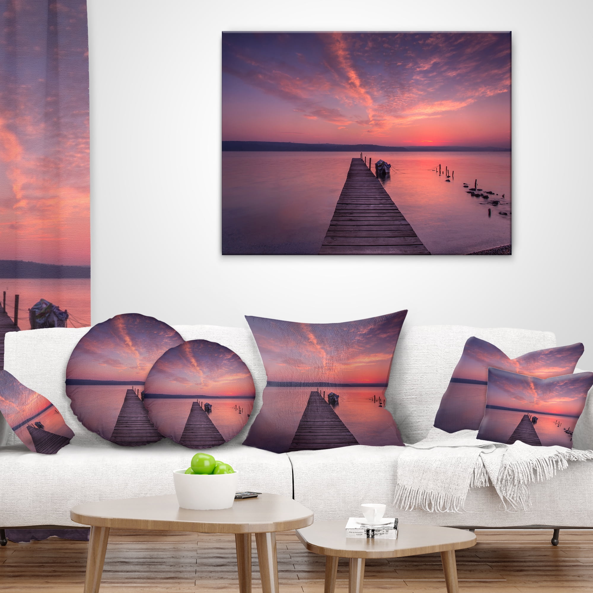 Designart Wooden Pier Under Red Sky - Seascape Throw Pillow - 12x20