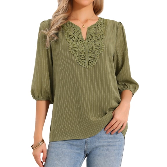 DARING DIVA Women's Chiffon Blouse Lantern Sleeve V Neck Embroidery Tunic XS Army Green