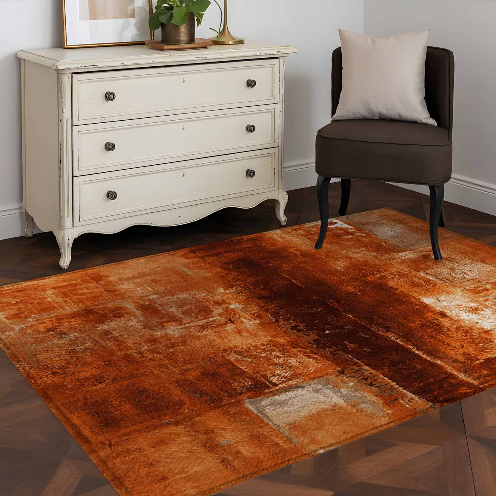 Burnt Orange 3x5 Area Rugs, Oil Painting Abstract Modern Vintage Non-Skid Rubber Backing Large Rectangle Rugs - Living Room Bedroom Home Office, Indoor Floor Mat Carpets Washable Rug