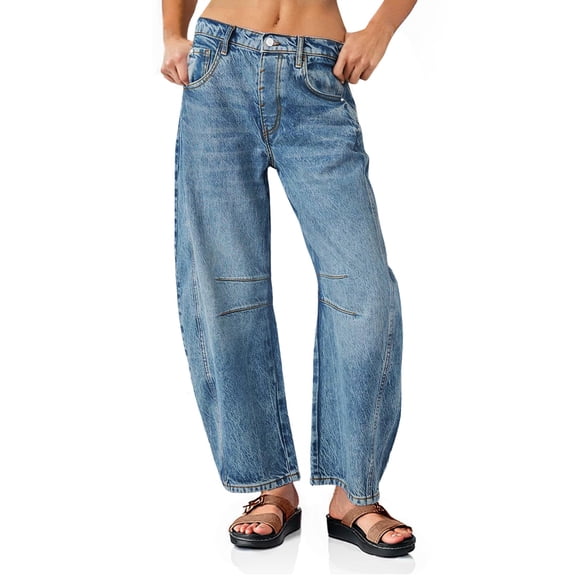 Women High Waist Barrel Leg Jeans, Vintage Washed Denim Stitched Detail Baggy Wide Leg Casual Jeans
