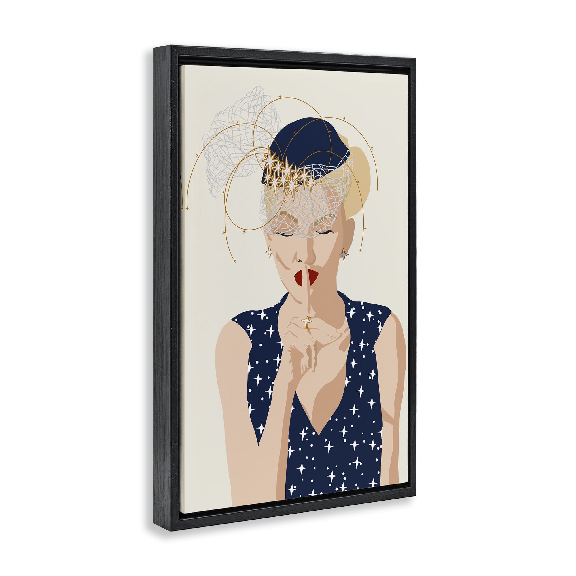 Stupell Industries Chic Fashionista Portrait Novelty Painting Black Floater Framed Art Print Wall Art, 17 x 25