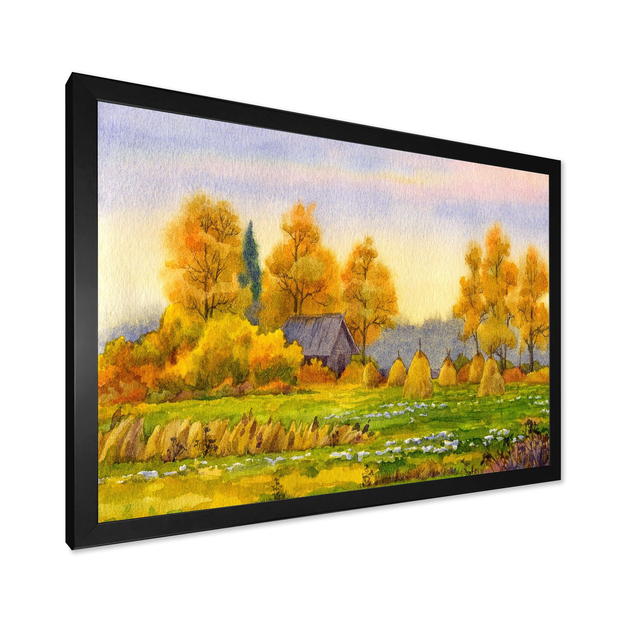 Designart 'Orange Fields With Haystacks II' Lake House Framed Art Print