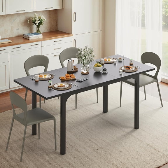 Extendable Dining Table, Modern Wooden Rectangle Kitchen Table for 4-8 People with Strong Metal Legs, Space Saving Expandable Dining Room Tables for Restaurant, Conference, Black