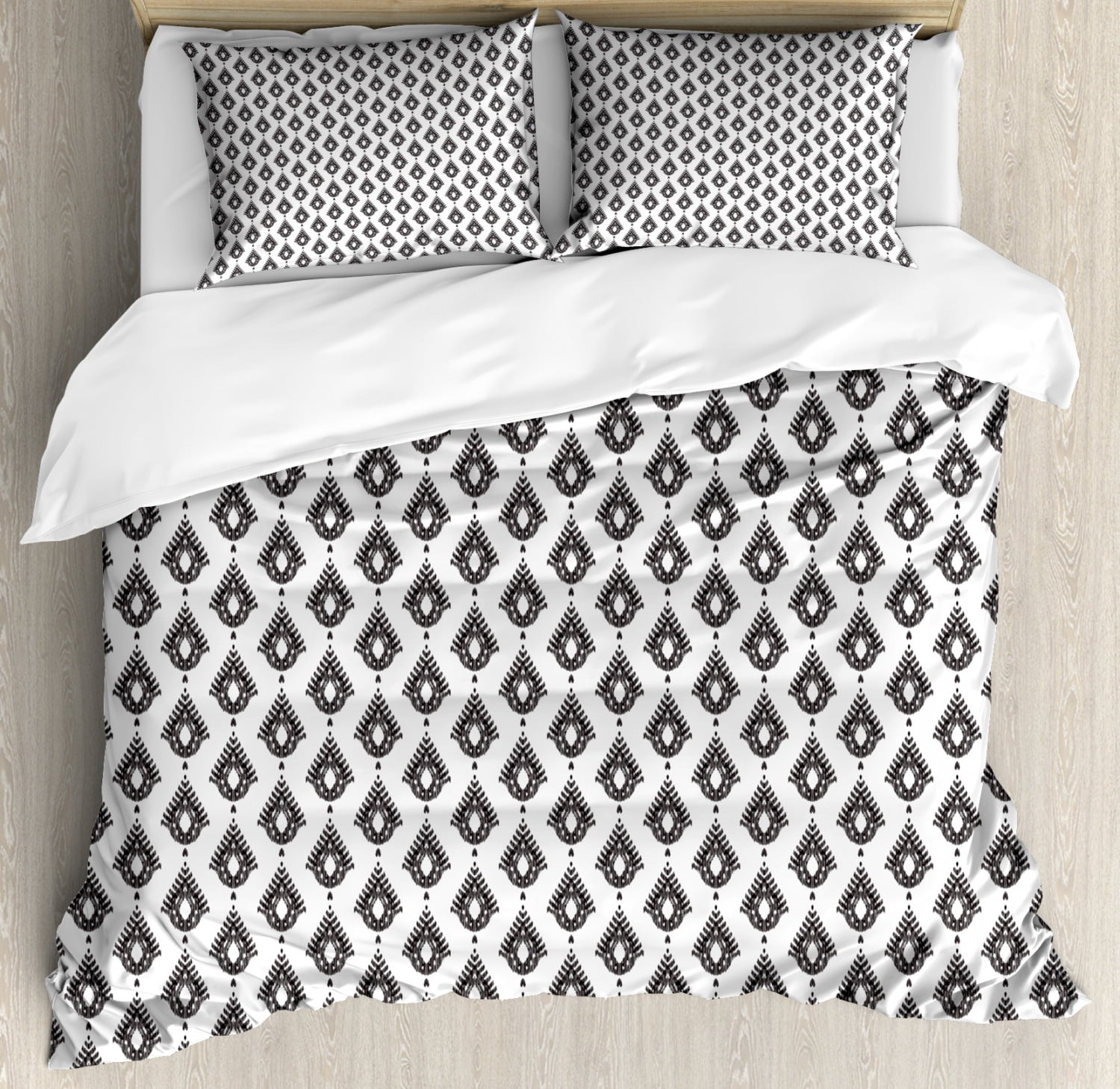 Boho Duvet Cover Set, Ikat Inspired Drop Motif in Monochrome Design