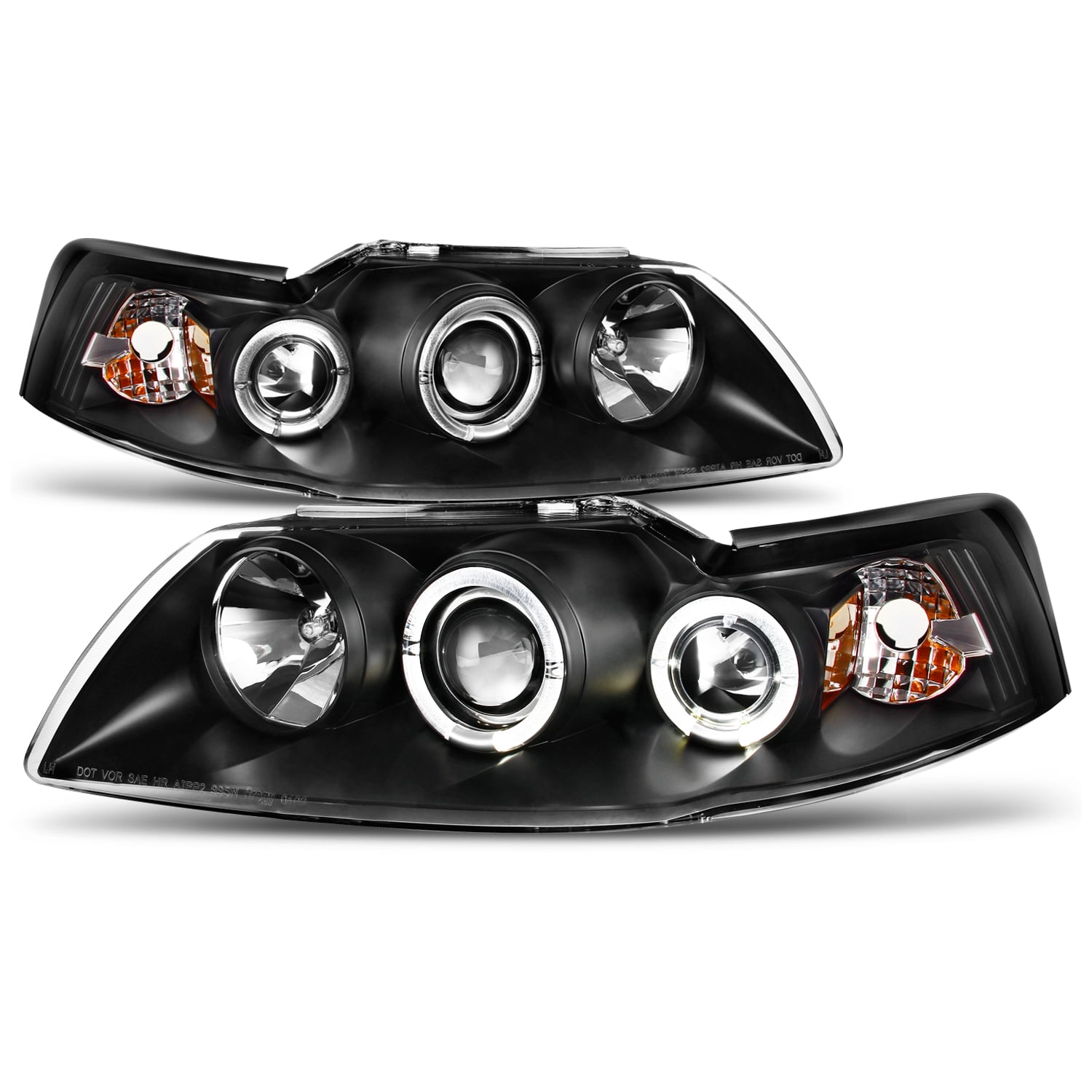 1999-2004 FORD MUSTANG BLACK HALO PROJECTOR HEADLIGHTS+DRIVING FOG LAMP NEW PAIR 