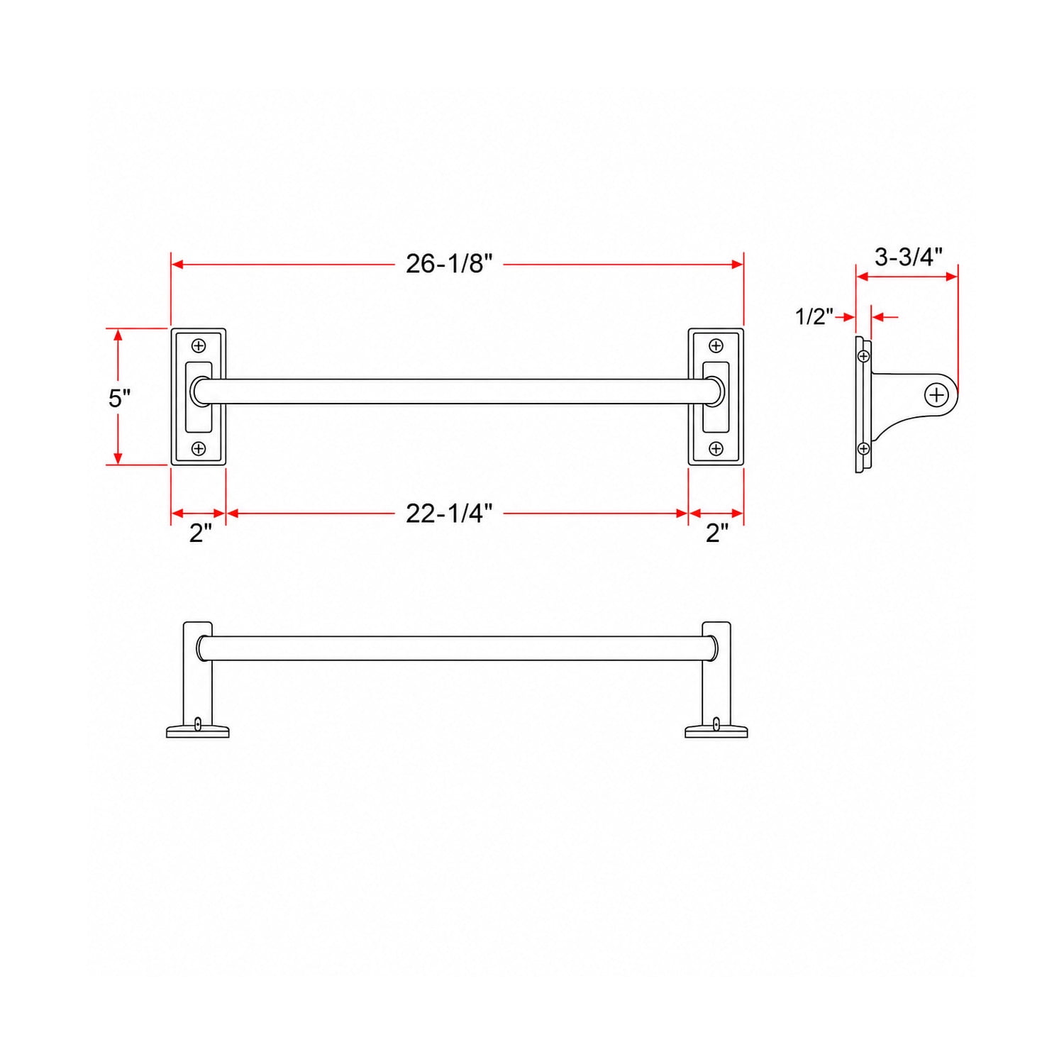 White Wood Dalton 24 in. Towel Bar, Bathroom and Kitchen Wall Mount