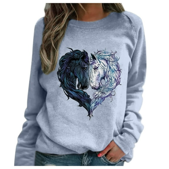 Luxalzxs Valentine Shirts for Women Casual Horse Heart-Shaped Print Raglan Long Sleeve Blouse Tops Sweatshirt Valentines Day Outfit