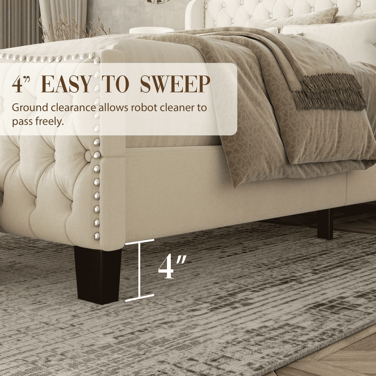 VIPLOV King Size Bed Frame with 51-inch Tall Camelback Headboard & Wingback, Deep Button Tufted Footboard with Nailhead Trim, Cream