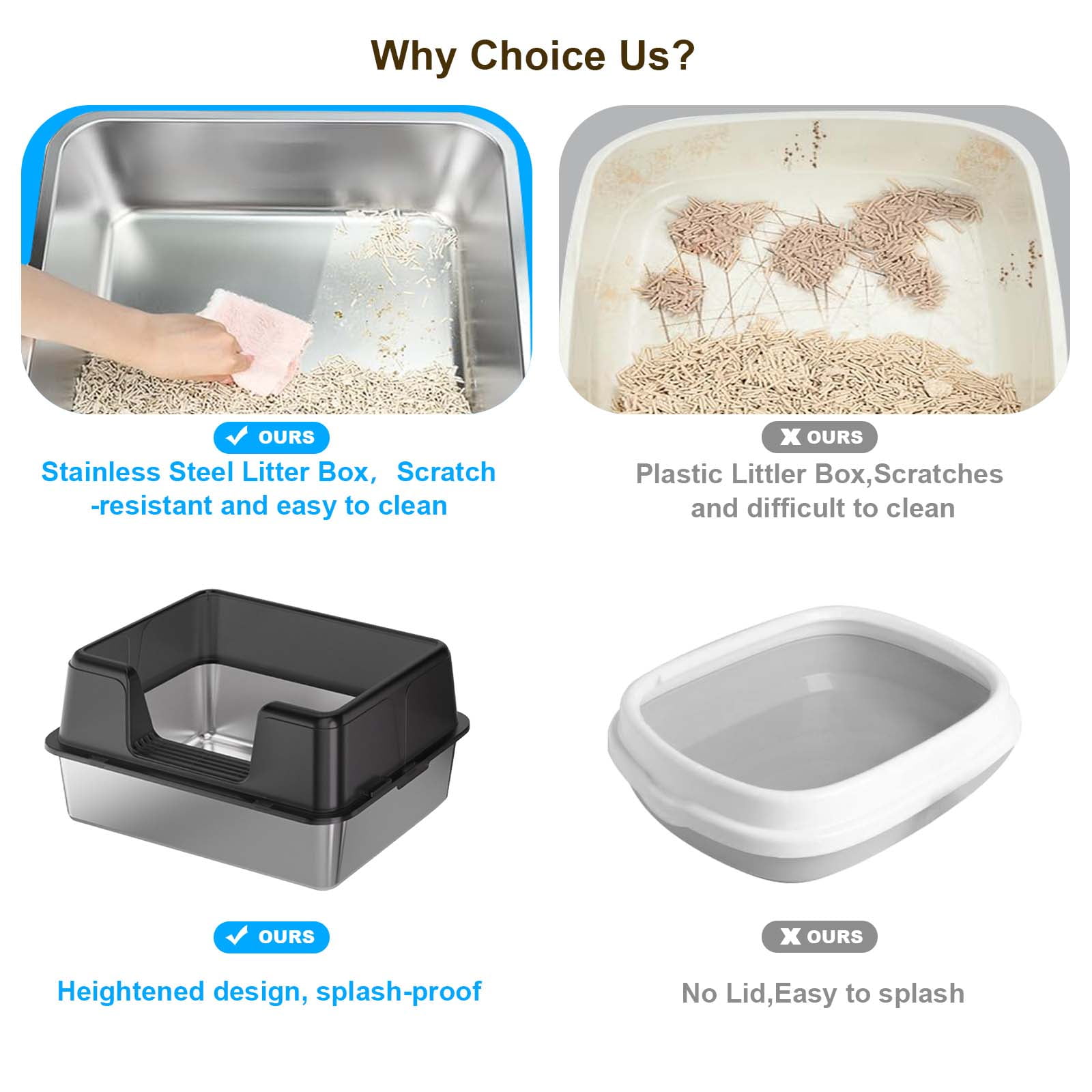 Stainless Steel Cat Litter Box with Lid – Leak-Proof & Scratch-Resistant Litter Box for Large Cats, Includes Anti-Slip Mat & Scoop, Easy to Clean