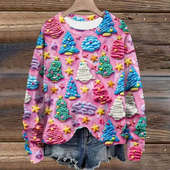 WXLWZYWL Womens Christmas Sweatshirts Cute Xmas Ugly 3D Graphic Print Sweaters Oversized Long Sleeve Round Neck Pullover Tops