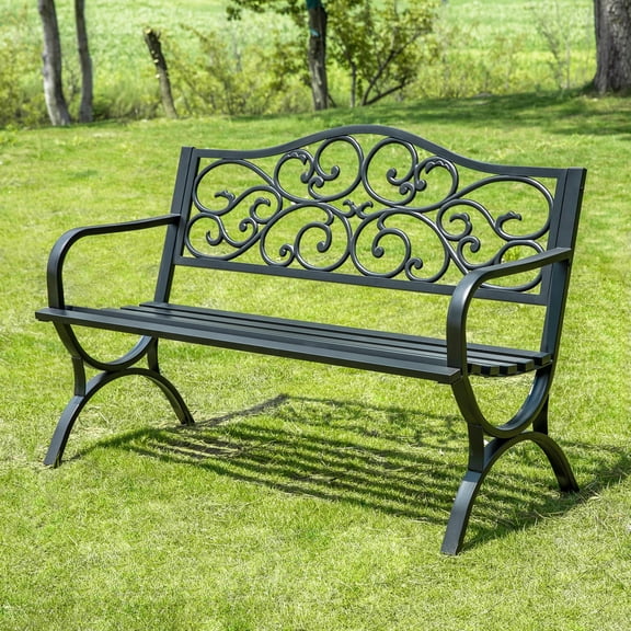 SUMMIT LIVING 50" Outdoor Garden Bench Chairs, Cast Iron Metal Frame Patio Park Bench, Black