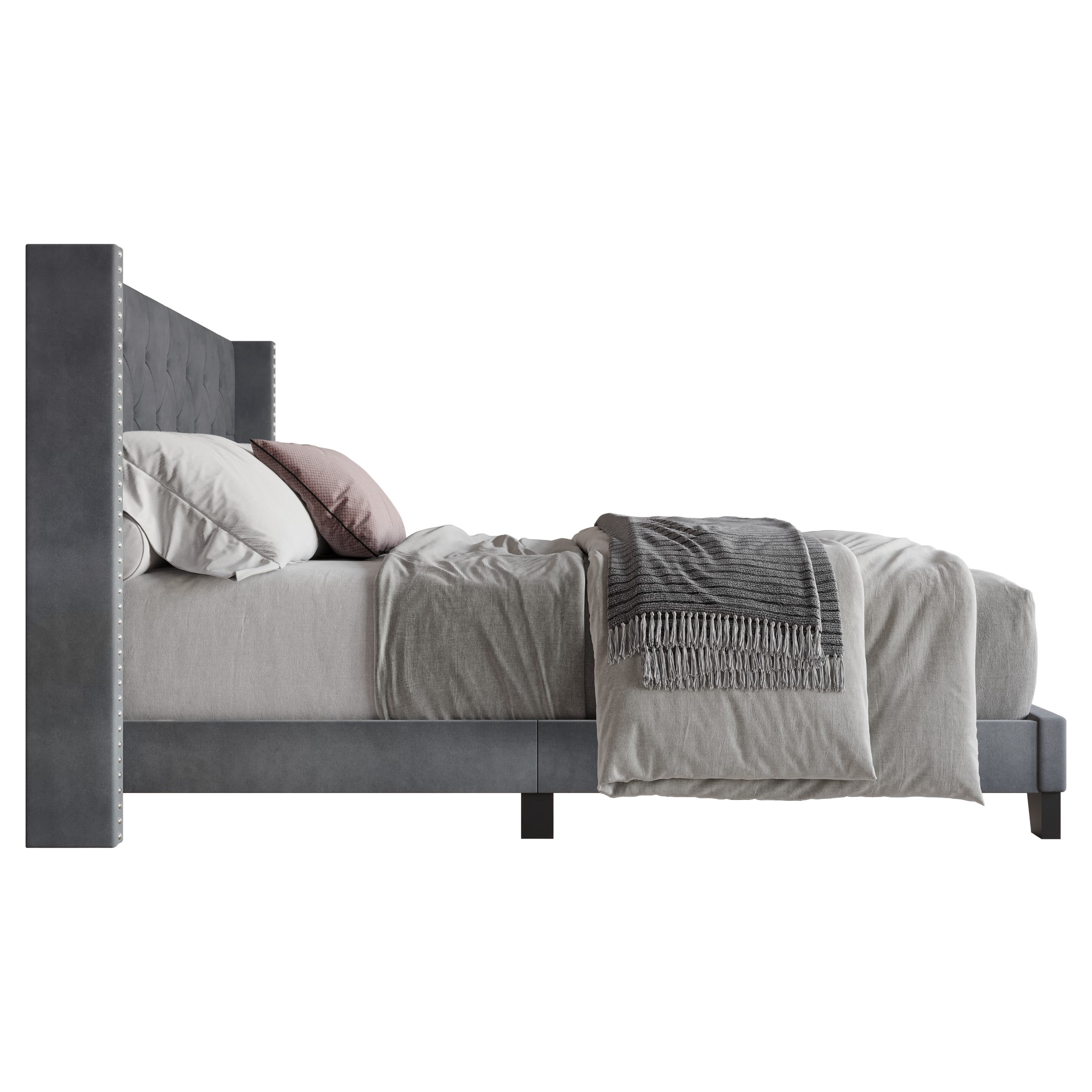 Home Design Monroe Twin Tufted Upholstered Wingback Panel Bed Frame with Diamond Tufting and Nailhead Trim for Adult Bedroom, Gray