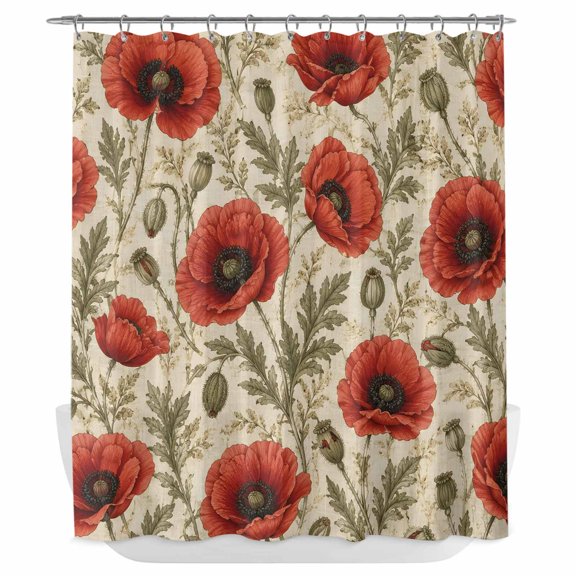 Red Poppy Floral Shower Curtain - Water Repellent Fabric Shower Curtains Washable, Vintage Botanical Flowers Aesthetic Decorative Polyester Cloth Bathroom Curtains Modern Bath Decor 72"x84"