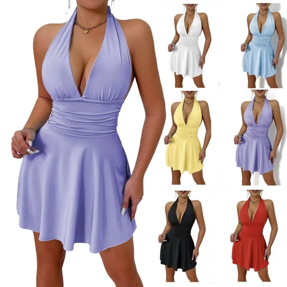 Elvqul Dresses for Women Pullover Sleeveless Mini Dresses Purple Casual Summer Spaghetti Strap Juniors A-Line Dresses Halter