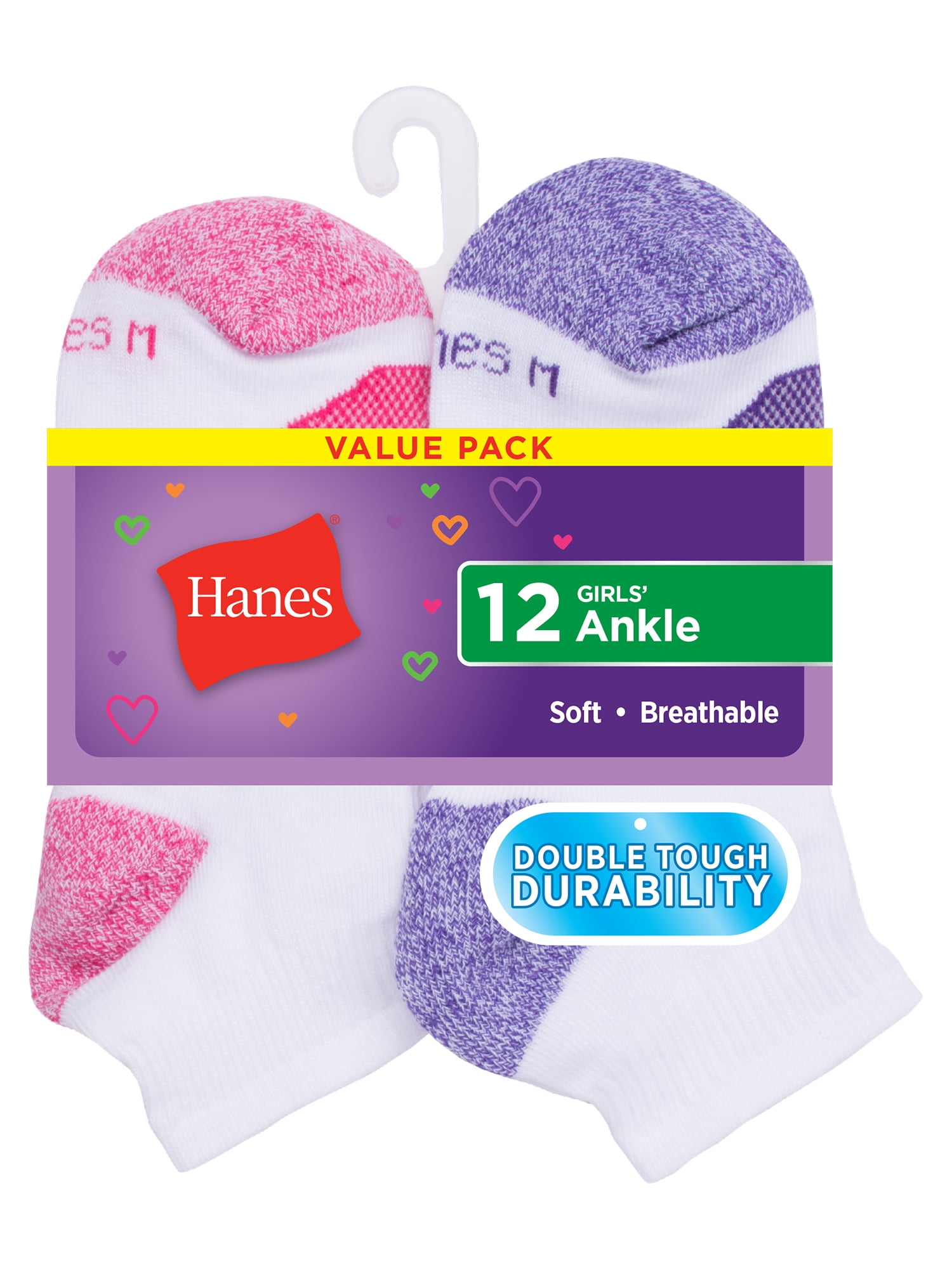 Hanes Girls Socks, 12 Pack Cool Comfort Ankle Socks, Sizes S-L