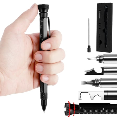 12 in 1 Multifunctional Ballpoint Pen Metal Multi-Tool Pen with LED Light Bottle Opener Screwdriver Ruler Portable Pocket Tool Pen Gift for Men Dad Husband Grandpa Birthday Father s Day