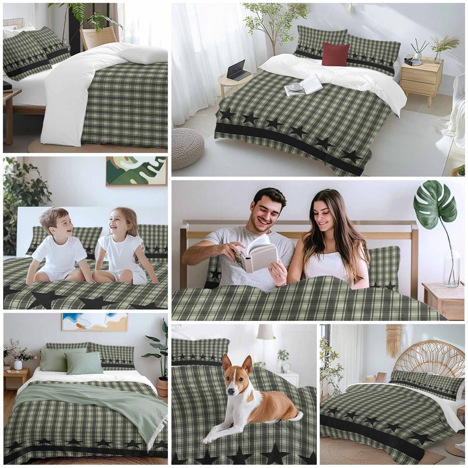 Sage Green Black Plaid Bedding 3 Piece Duvet Cover Set Twin Size, Vintage Star Buffalo Check Rustic Soft Microfiber Comforter Cover with Zipper Closure & Pillowcases, FadeResistant Quilt Cover