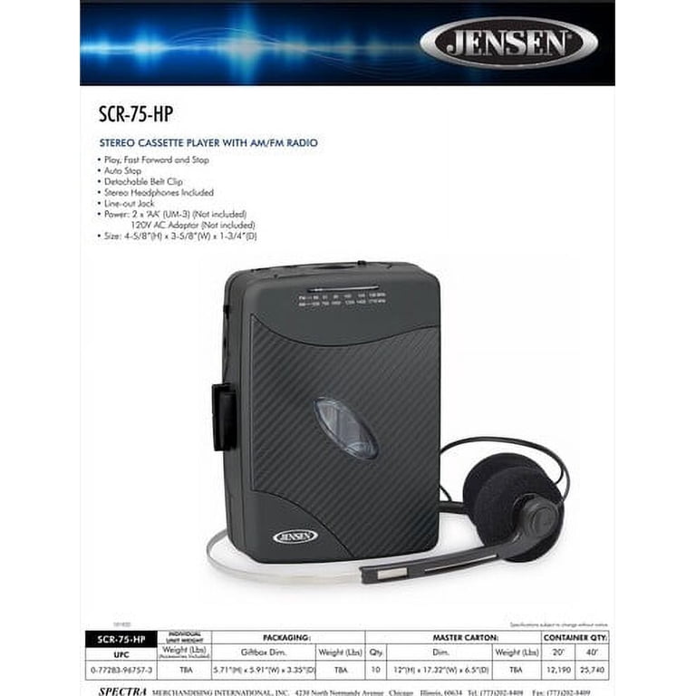Jensen, Cassette Player, SCR-75-HP, with AM FM Radio and