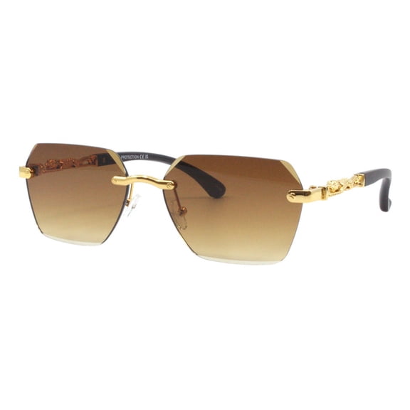 Rimless Sunglasses Square Rectangular Beveled Lens Big Cat UV400 Gold, Brown