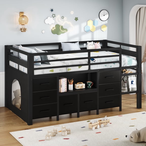 Einhomn Twin Low Loft Bed with 8 Storage Drawers & Bookcase, Under-Bed Play Space & Play Curtain, Black