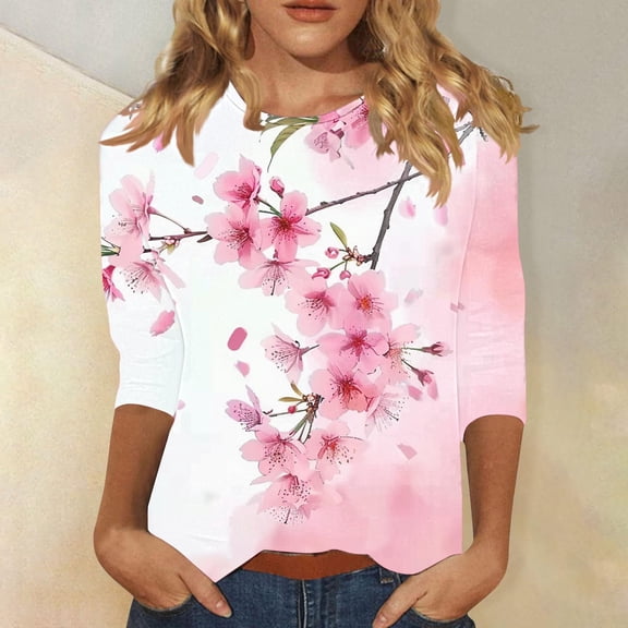 SOOMLON Womens 3/4 Sleeve Shirts Plus Size Tunic Cotton Tops Dressy Casual Round Neck Shirts Cute Daisy Graphic T Shirts 2025 Trendy Spring Summer Ladies Tops Loose Fit Boho Basic Outfits Pullover XL