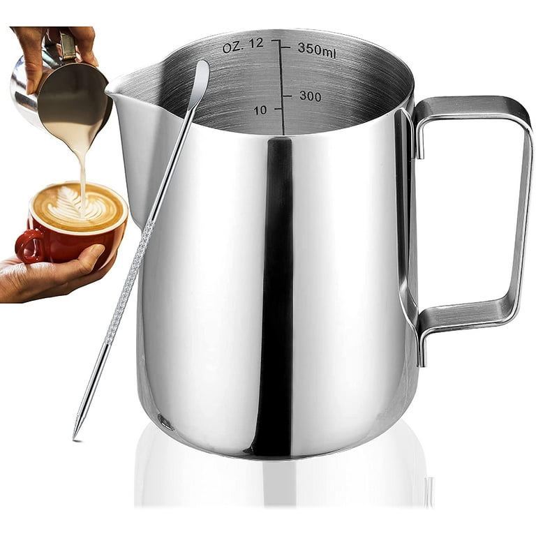 Milk Frothing Pitchers 20 oz, Stainless Steel Espresso Steaming Pitcher  with Decorating Pen Coffee Milk Frother Cup with Scale Cappuccino Latte Art