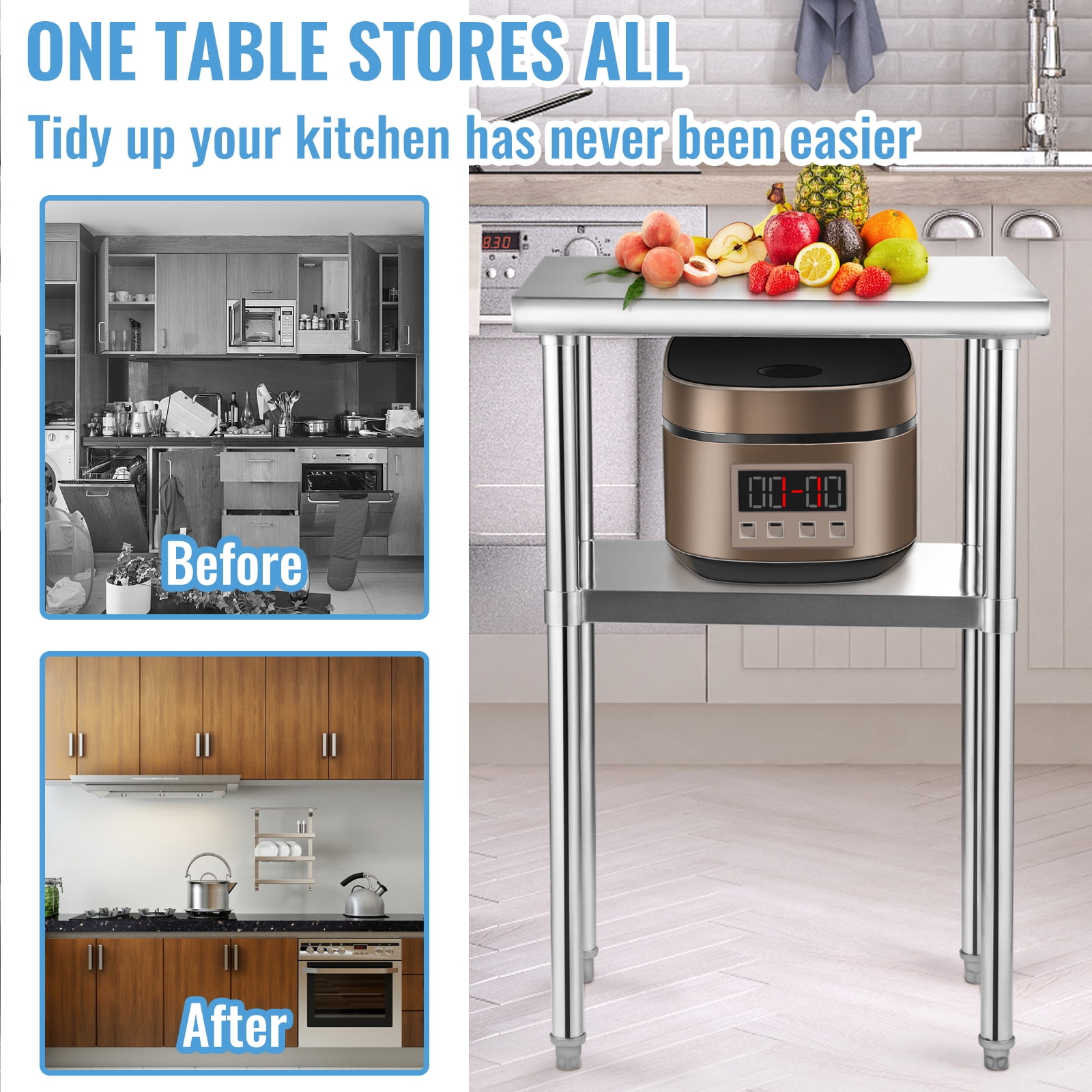 KFFKFF 30x30x36 Inches Stainless Steel Work Prep Table, Commercial Food Prep Table