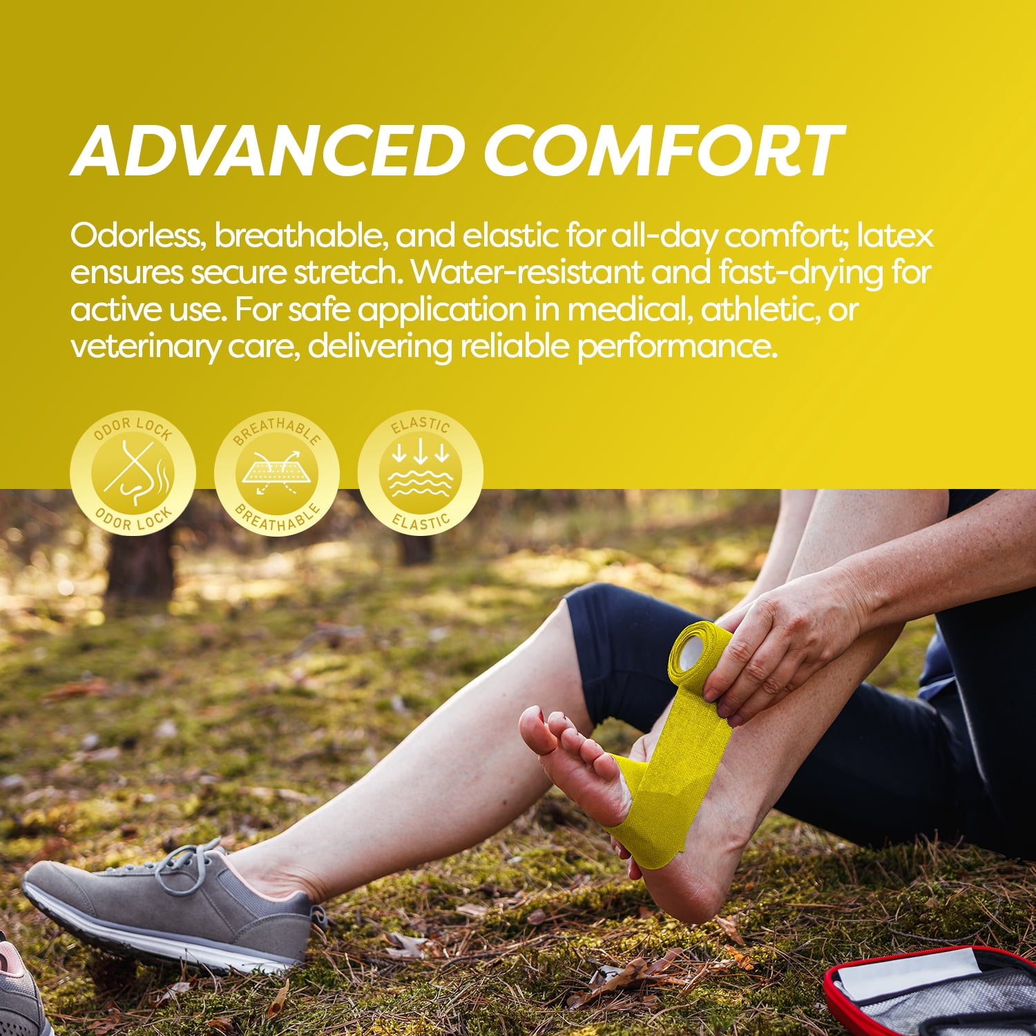 Dynarex Sensi-Wrap Self-Adhesive Bandages, 24-Pack, 3" x 5 yards, Yellow, Latex-Free, Colored Elastic Cohesive Athletic Tape, Tattoo Grip & Vet Wrap