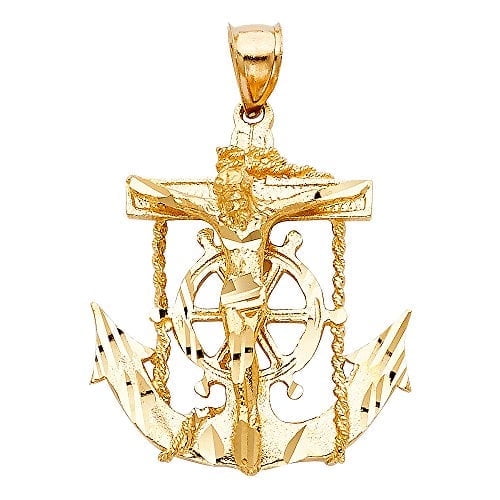 Solid 14k Yellow Gold Jesus Cross Mariner Charm Anchor Crucifix Pendant 6 Sizes (TGDJ-1224)