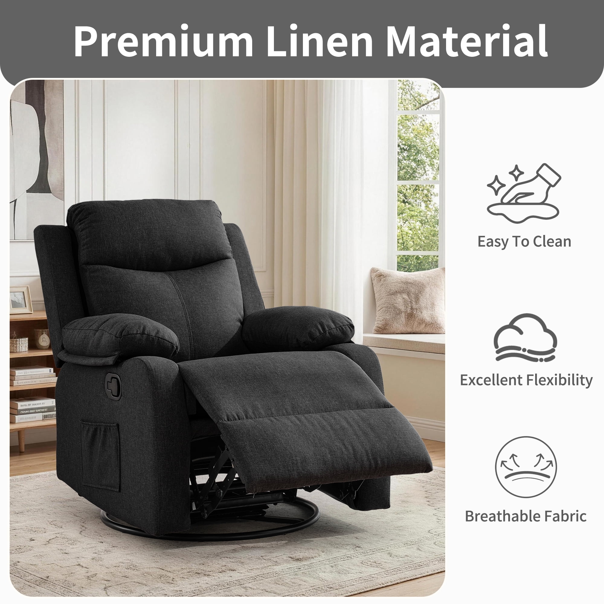GEEYOO Manual Swivel Rocker Recliner Chair with Side Pockets,Small Recliner Chair for Small Spaces,Upholstered Linen Fabric Glider Nursery Chair for Living Room,Black