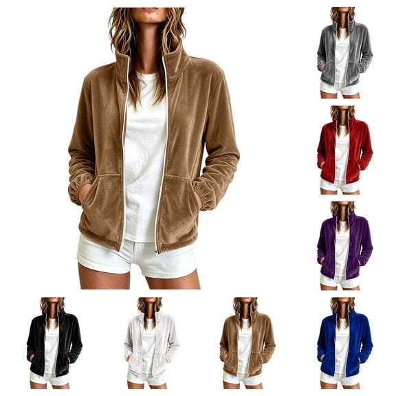 SAWOBUUN Womens Velvet Zip Up Jacket Stand Collar Long Sleeve Velour Coat with Side Pockets Casual Fall Winter Outerwear
