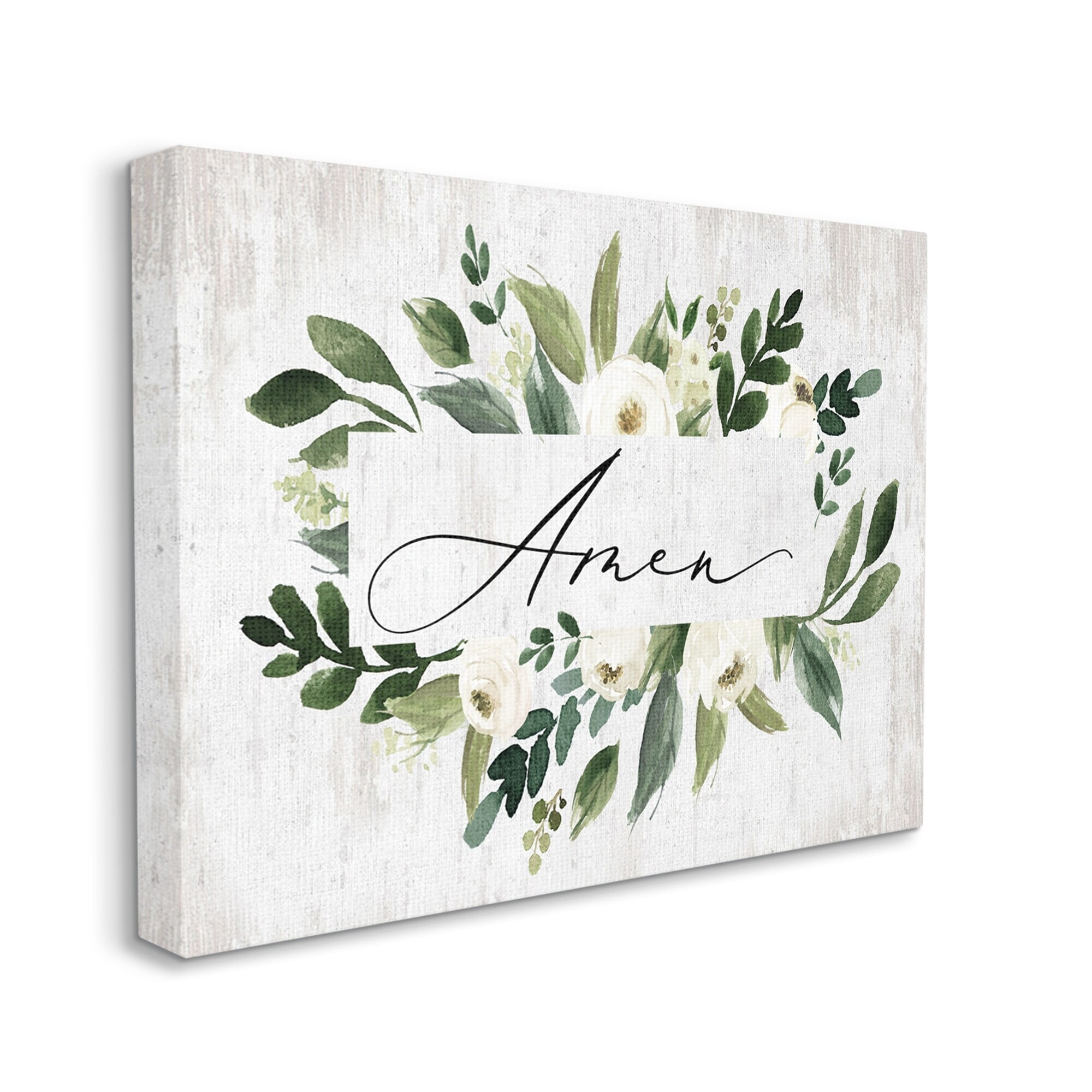 Stupell Industries Amen Text Green Botanical Foliage White Florals Distressed, 40 x 30,Design by Lettered and Lined